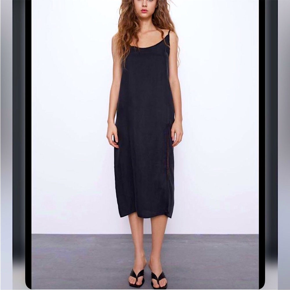 Zara Fillsens Lyocell Slip Dress XS in dark Gray Blue Slate Adjustable w Slit